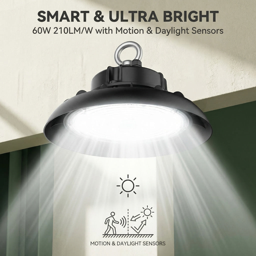 60W LED UFO High Bay Light with motion and daylight sensors 210 lm/w – IP65 – 5 Years Warranty