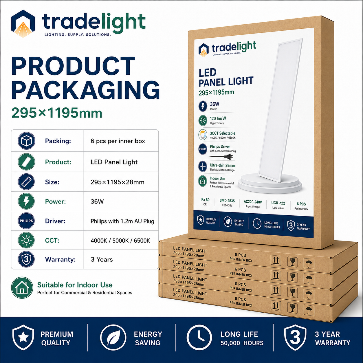 36W LED Panel Light 295×1195mm
